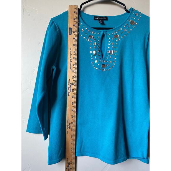 I.N. Studio Blue Bejeweled Beaded 3/4 Sleeved Knitted Blouse- Size Large - Picture 7 of 8